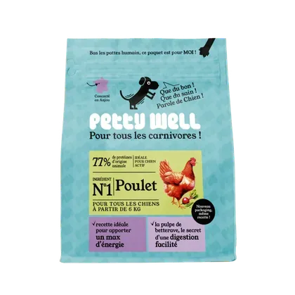 Emballage Petty Well Croquettes Chien Poulet Sans Céréales Ajoutées, Légumes Toutes Tailles